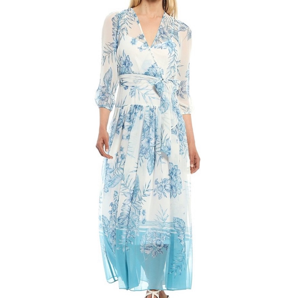 3/4 Sleeve Printed Chiffon Faux Wrap Dress
